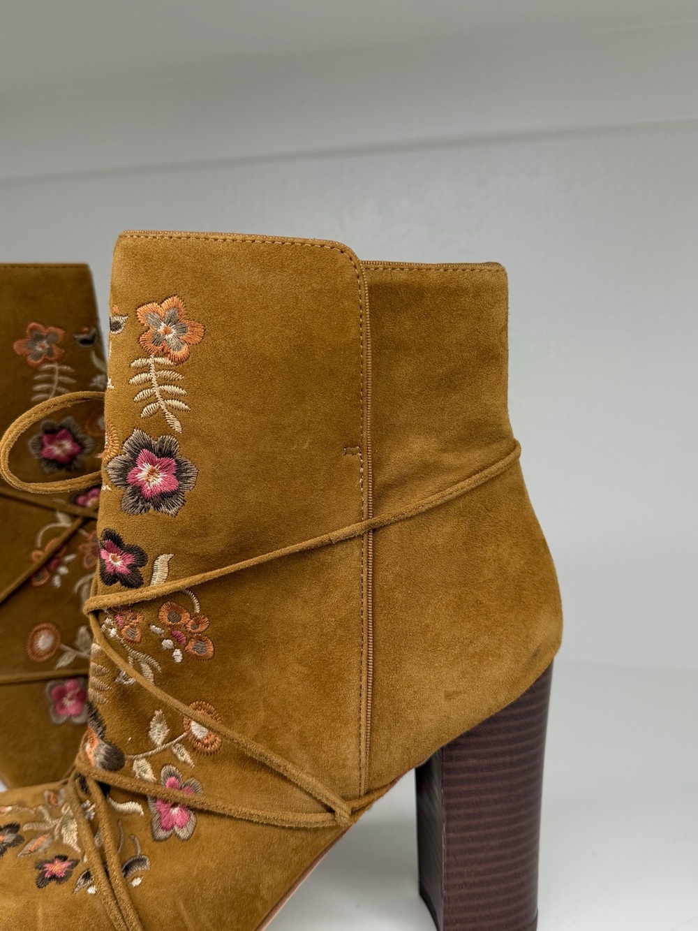 Sam Edelman Mustard Suede Embroidered Lace-Up Ankle Booties - Picture 4 of 7